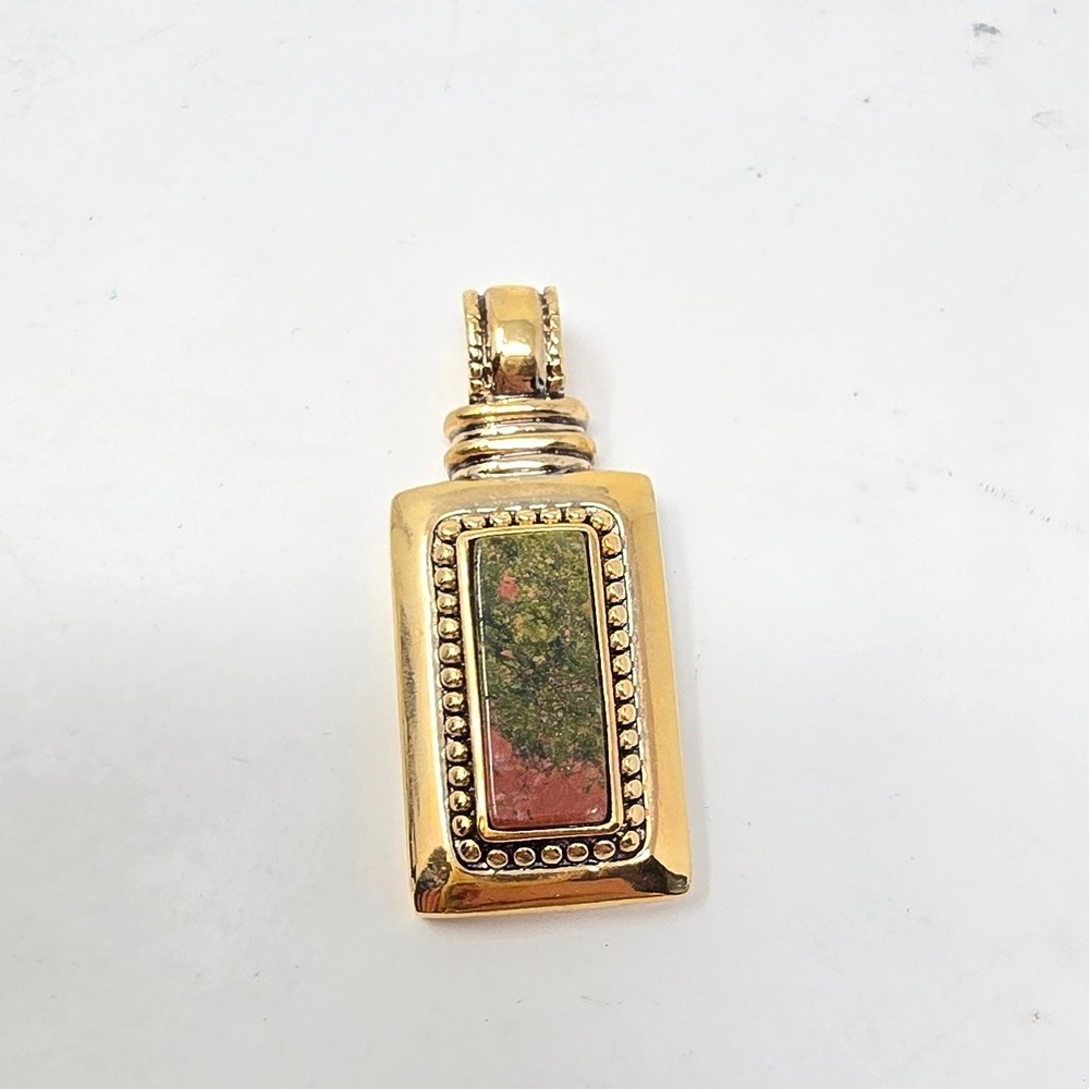 Vtg Roman signed Unakite pendant gold tone semi precious stone boho chic earthy